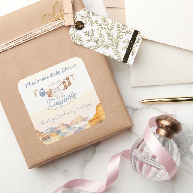 Pegatina Cuadrada A Little Cowboy Western Canyon Baby Shower (Regalar)