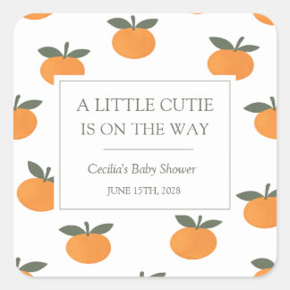 Pegatina Cuadrada A Little Cutie Orange Gender Neutral Baby Shower
