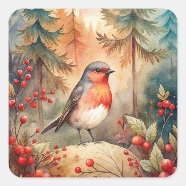 Pegatina Cuadrada A lovely Robin in Autumn (Anverso)