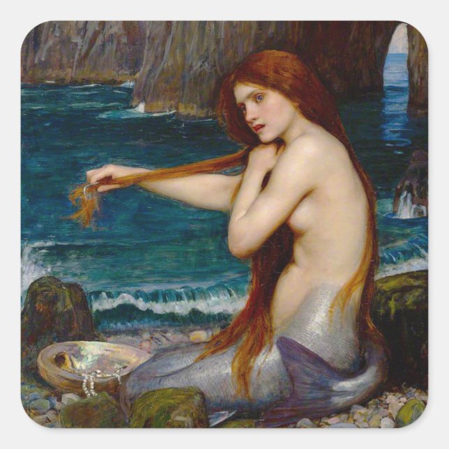 Pegatina Cuadrada A Mermaid, c. 1900 by John Waterhouse (Anverso)