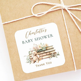 Pegatina Cuadrada A New Chapter Floral Book Baby Shower Favor