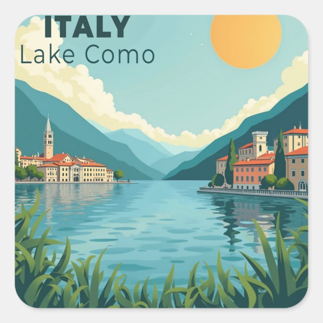 Pegatina Cuadrada A Nostalgic Classic Travel Poster – Italy Lake Com (Anverso)
