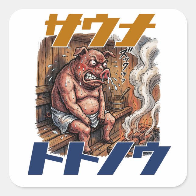 Pegatina Cuadrada A pig takes on a sauna challenge to its limits (Anverso)