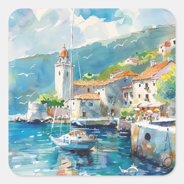 Pegatina Cuadrada A Sea Port (Anverso)