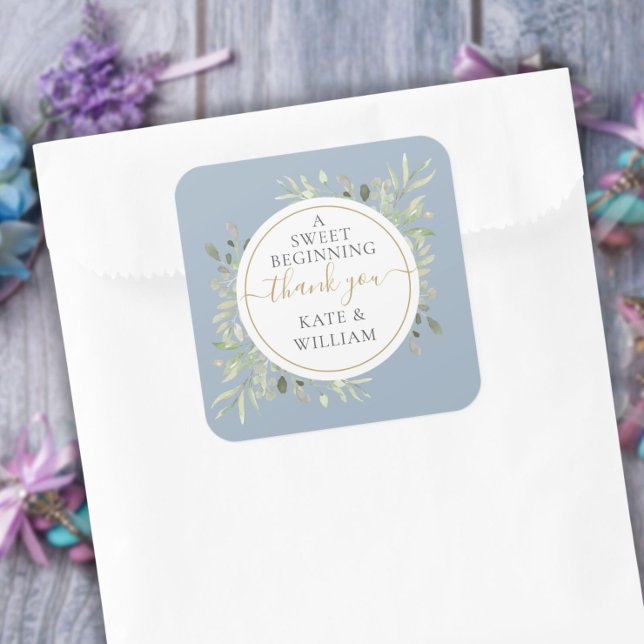 Pegatina Cuadrada A Sweet Beginning Greenery Dusty Blue Wedding (Subido por el creador)