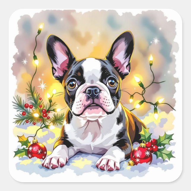 Pegatina Cuadrada A Sweet Boston Terrier Christmas (Anverso)