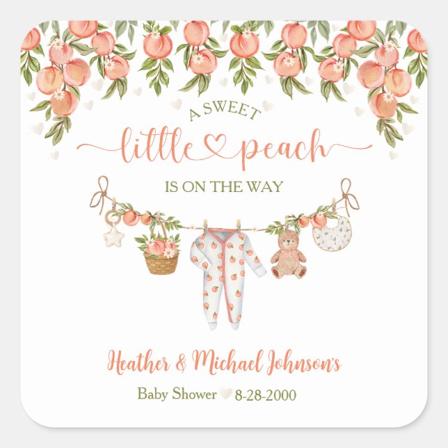 Pegatina Cuadrada A Sweet Little Peach Clothesline Baby Shower (Anverso)
