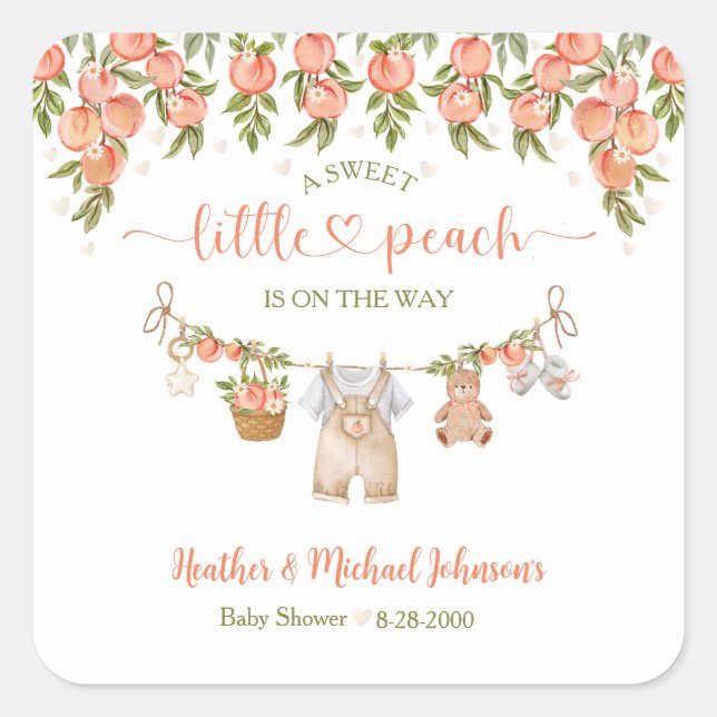 Pegatina Cuadrada A Sweet Little Peach Clothesline Boy Baby Shower (Anverso)