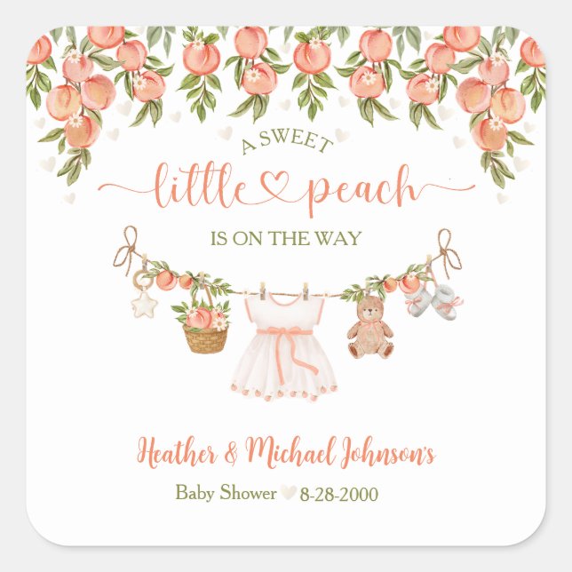 Pegatina Cuadrada A Sweet Little Peach Clothesline Girl Baby Shower (Anverso)