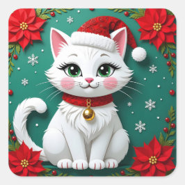 Pegatina Cuadrada A White Festive Cat with a Christmas Background