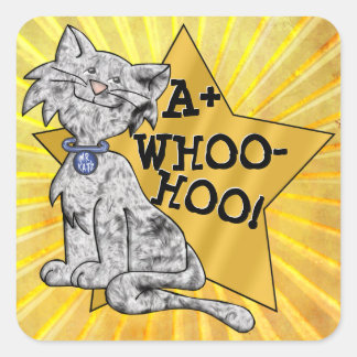 Pegatina Cuadrada ¡A+ Whoo-Hoo! Gato gris, estrella de oro, recompen