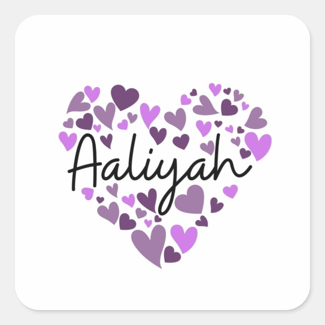 Pegatina Cuadrada Aaliyah, corazones morados (Anverso)