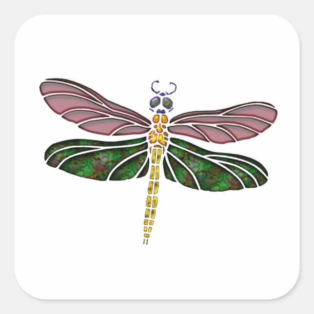 Pegatina Cuadrada Abalone Shell y Dragonfly de vidrio manchado (Anverso)