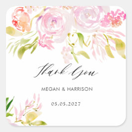 Pegatina Cuadrada Abanico de rosas de color de agua Gracias