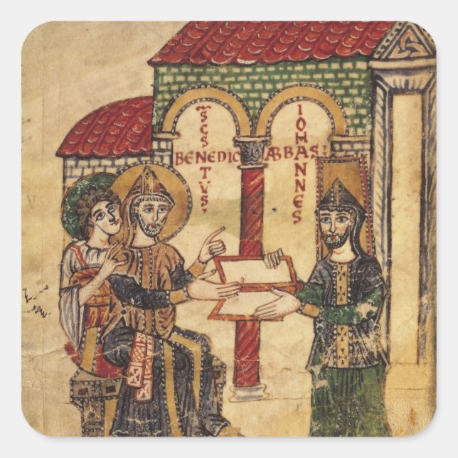 Pegatina Cuadrada Abbot John ofreciendo el manuscrito Benedict (Anverso)