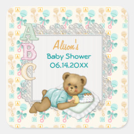 Pegatina Cuadrada ABC Teddy Peach y Aqua Baby Shower