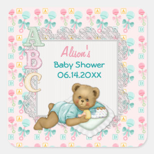 Pegatina Cuadrada ABC Teddy Pink y Aqua Baby Shower