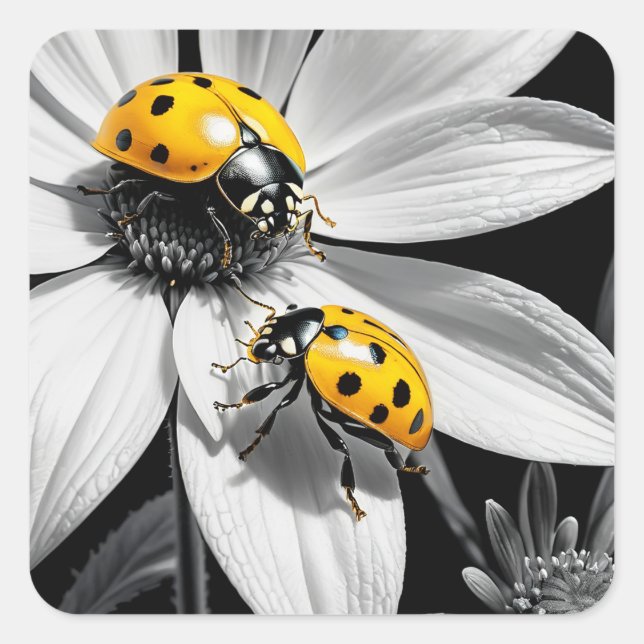 Pegatina Cuadrada Abeja Amarillo De Ladybugs Sobre Flor Blanca Negra (Anverso)