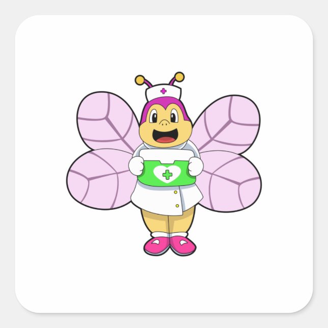 Pegatina Cuadrada Abeja como enfermera con el kit de la primera dosi (Anverso)
