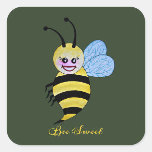 Pegatina Cuadrada Abeja Cuidada De Acuarela Con Sonrisa Feliz