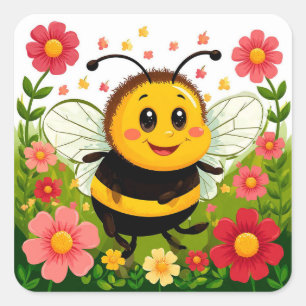 Pegatina Cuadrada Abeja de Dibujos Animados Alegre 🐝 Brillante Jard