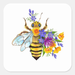 Pegatina Cuadrada Abeja de flor con plantas silvestres