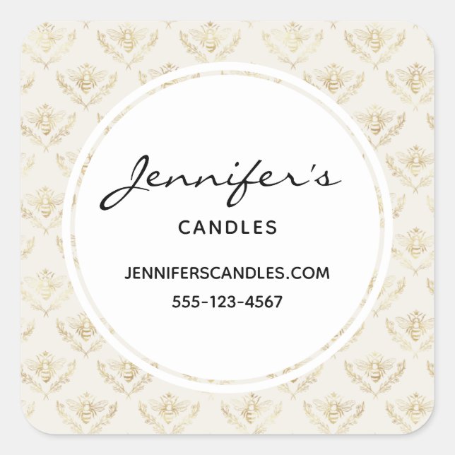 Pegatina Cuadrada Abeja de la burbuja dorada con un negocio de patro (Anverso)