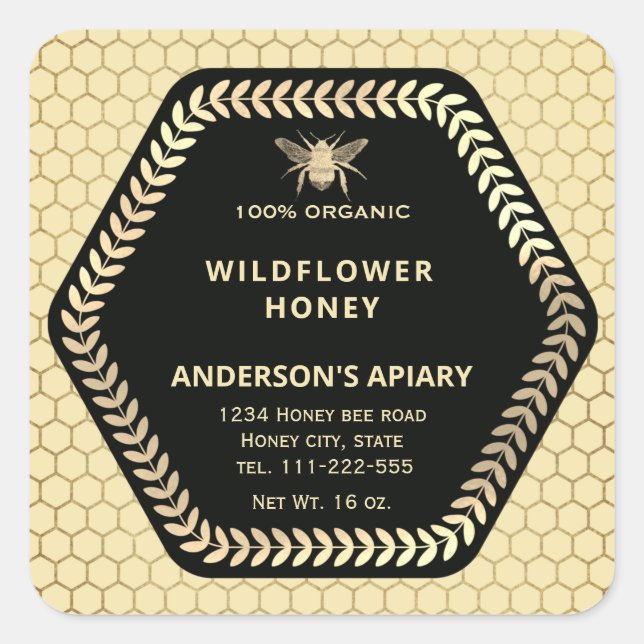 Pegatina Cuadrada Abeja de oro de rama hexagonal tarro de miel (Anverso)