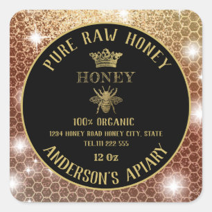 Pegatina Cuadrada Abeja de oro espumoso vintage colmena de miel tarr