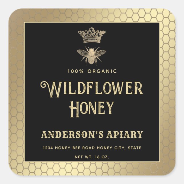Pegatina Cuadrada Abeja dorada negra moderna (Anverso)