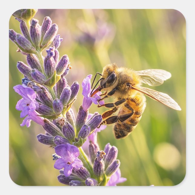 Pegatina Cuadrada Abeja en lavanda (Anverso)