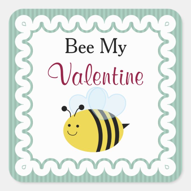 Pegatina Cuadrada Abeja mi San Valentín, abeja linda, franjas verdes (Anverso)