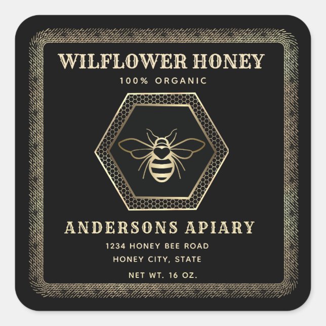 Pegatina Cuadrada Abeja negra dorada y elegante de época tarro de mi (Anverso)