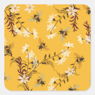 Pegatina Cuadrada Abeja y mariposa vintage: Arte floral bordado