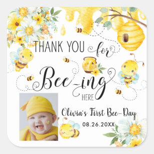 Pegatina Cuadrada Abejas Cute Bee Floral 1er cumpleaños foto