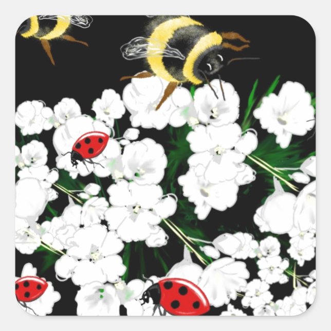 Pegatina Cuadrada Abejas dramáticas ladybugs y flores blancas en neg (Anverso)