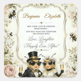 Pegatina Cuadrada Abejas melíferas adorables, elegante boda floral