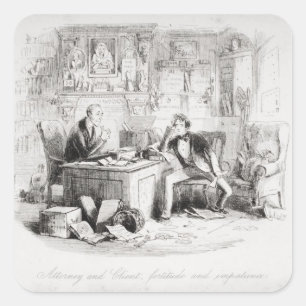 Pegatina Cuadrada Abogado y cliente, fortaleza e impaciencia