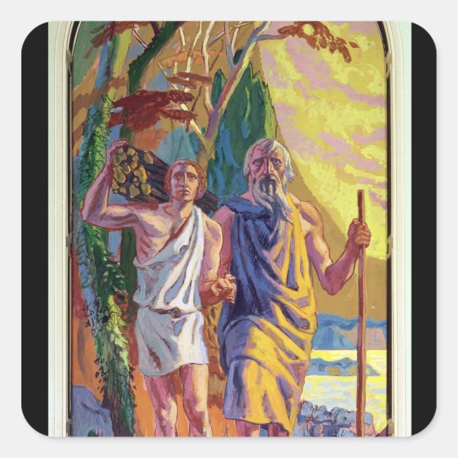 Pegatina Cuadrada Abraham va a ofrecer a Isaac su hijo (Anverso)