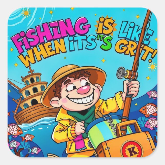 Pegatina Cuadrada ¡Abrazando el Grit de las aventuras pesqueras! (Anverso)