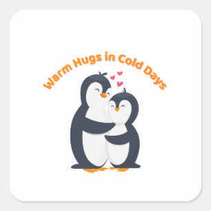Pegatina Cuadrada Abrazo de Pingüino Adorable – Amor Invernal