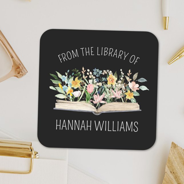 Pegatina Cuadrada Abrir flores de libro de la biblioteca de la placa (Close up)