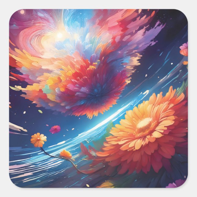 Pegatina Cuadrada Abstract art with flowers in space (Anverso)