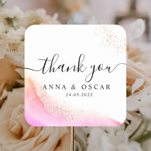 Pegatina Cuadrada Abstracto acuarela Pincel rosado y oro