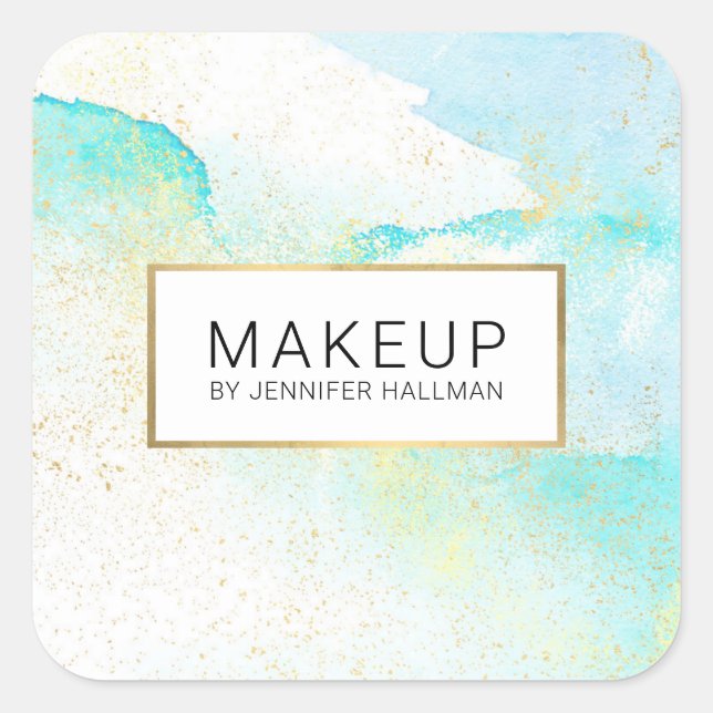 Pegatina Cuadrada Abstracto Azul Teal Suave Polvo de Oro Falso Acuar (Anverso)