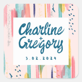 Pegatina Cuadrada Abstracto de color de agua Pincel colorido Boda