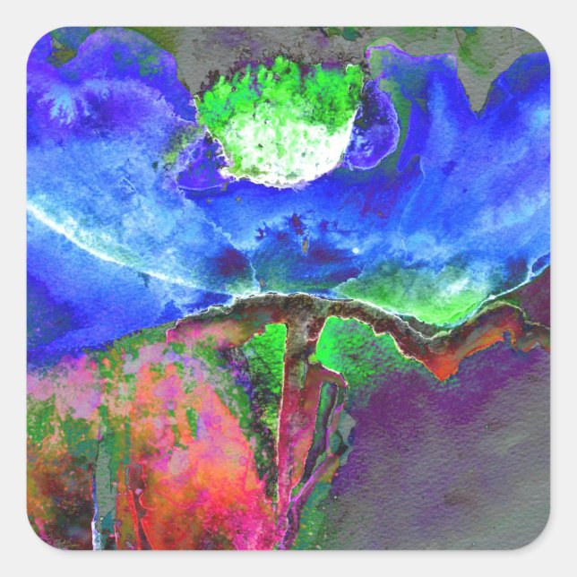 Pegatina Cuadrada Abstrato azul floral azul acuarela (Anverso)