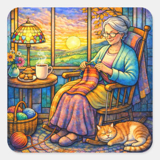 Pegatina Cuadrada Abuela de Vidrio Pintado Tejiendo, Gato y Hogar Ac