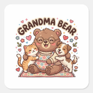 Pegatina Cuadrada Abuela Oso Cute Abrazo