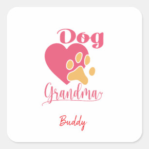 Pegatina Cuadrada Abuela Perro Lindo Corazón Rosa Huella de Pata A